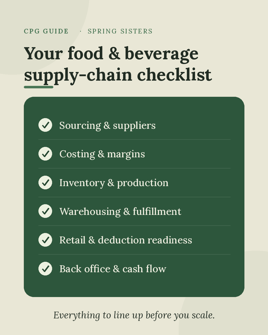 Food & beverage supply-chain checklist: sourcing, costing, inventory, fulfillment, retail readiness, back office. Spring Sisters.